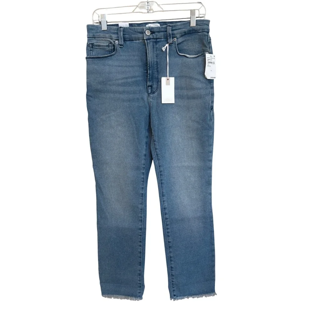 NWT Good American Good Legs Straight Jeans Blue449 Raw Hem 10/30 GSBP941CET